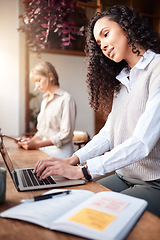 Image showing Business, cafe and woman with laptop, planning and notes for new project, startup and ideas. Female employee, entrepreneur and girl with device, online reading and research for company or inspiration