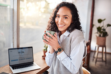 Image showing Coffee shop, woman portrait and laptop screen for politics business, remote work project or journalist news. Happy biracial person at Internet cafe for research ideas, inspiration or website article