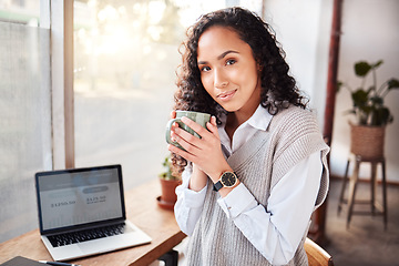 Image showing Woman portrait, coffee shop and laptop screen for stock market business, remote work and online financial trading. Biracial person or entrepreneur at Internet cafe, finance ideas and budget planning