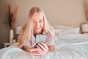 Image showing Relax, smile or woman on bed, smartphone or typing for social media, connection or break. Female, girl or person with cellphone, mobile app or communication with network signal or chatting in bedroom