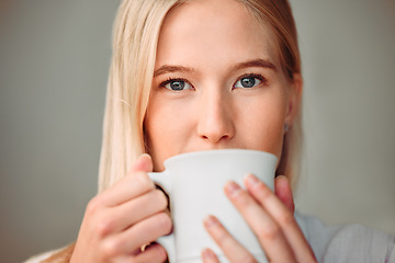 Image showing Relax, portrait and woman with coffee, calm and cheerful with inspiration, motivation and chilling. Face, female and young person with tea, cappuccino and satisfied with beverage, aroma and peace