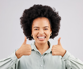 Image showing Thumbs up, hands and portrait of happy woman in studio, excited winner and bonus on white background. Female model, thumb and smile to celebrate winning achievement, like emoji and feedback support