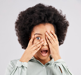 Image showing Black woman, shock and hands cover eyes in studio for surprise, wow and omg reaction on white background. Emoji mockup, wow face and portrait of girl shocked for news, announcement and gossip