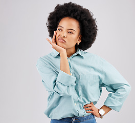 Image showing Bored, confused and a thinking black woman with a decision isolated on a white background in a studio. Idea, boredom and an African girl with doubt about a plan, solution or ideas on a backdrop