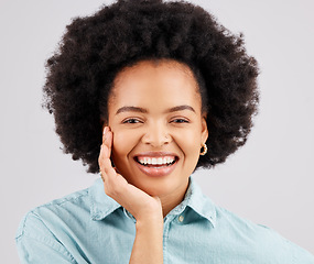 Image showing Happy, face and portrait of black woman in studio with smile, confidence and happiness on white background. Business, success mockup and female worker with positive mindset, pride and empowerment