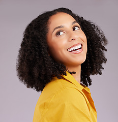 Image showing Woman, happy and thinking face in studio, background and backdrop for ideas, remember memory and mindset goals. Smile, female model and daydream of visionary thoughts, imagine and optimism of hope