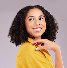 Image showing Woman, smile and thinking face in studio, background and backdrop for ideas, remember memory and mindset goals. Happy female model daydream of visionary thoughts, imagine plan and optimism of hope