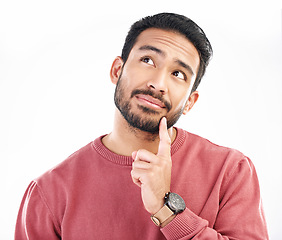 Image showing Mockup, thinking and Asian man with decision, opportunity and thoughts isolated on white studio background. Japan, male and guy with fantasy, daydreaming and ideas for solution, mindset and happiness