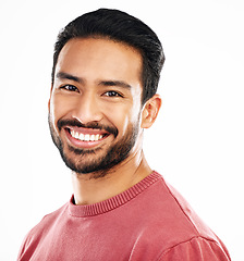 Image showing Happy, headshot and portrait of an Asian man with a smile isolated on a white background in a studio. Relax, content and face of a model smiling, looking confident and attractive on a backdrop