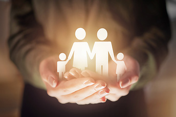 Image showing Hands, paper cut out and family for insurance, safety or support with 3d hologram with glow for hope. Woman, holographic overlay and open palm together for security, community and charity in night