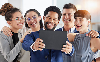 Image showing Selfie, office smile and business people in group staff or team building, tablet photography or online diversity post. Professional friends, career influencer or employees in teamwork profile picture