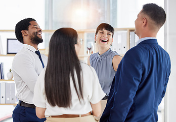 Image showing Smile, friends and group of people in modern office, social conversation and joke at startup. Happy coworking, men and women at team building gathering on break, gossip and fun discussion together.