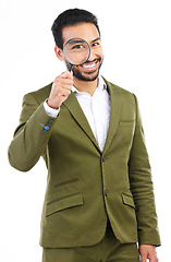 Image showing Portrait, investigator and Asian man with magnifying glass, happy and quality inspection isolated on a white studio background. Face, Japanese male employee or inspector with compliance or fair trade