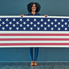 Image showing Portrait, American flag and woman with smile, patriotic and pride for country against a wall. Face, female and person with USA symbol, confidence and motivation for freedom, human rights or happiness