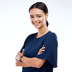 Image showing Portrait, employee and woman with smile, arms crossed and confident girl isolated on white studio background. Face, female entrepreneur and worker in happiness, success or professional mockup skills