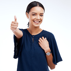 Image showing Thumbs up portrait of woman isolated on a white background for success, thank you and professional support. Like, yes and ok hands sign with happy face of business winner or person winning in studio