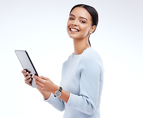 Image showing Woman, tablet and studio portrait by white background for planning, schedule and smile for website. Girl, student and excited on mobile touchscreen app for research, calendar or social network chat