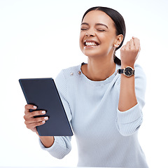 Image showing Fist pump celebration, tablet winner and happy woman celebrate victory news, winning achievement or profit success. Cheers, bonus salary announcement and excited studio person on white background