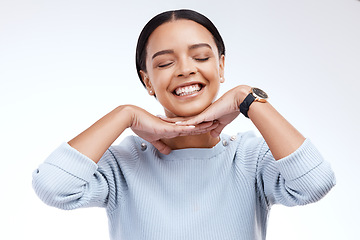 Image showing Smile, hands and face of woman on a white background for beauty, cosmetics and natural makeup. Fashion, emoji mockup and happy girl isolated with confidence, smile and facial expression in studio