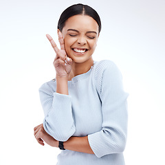 Image showing Peace sign, woman and female hand with emoji gesture in a studio with happiness and excited. V hands, isolated, and white background of a gen z and young model with a happy smile with silly comedy