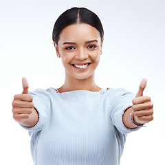 Image showing Woman, thumbs up and portrait isolated on a white background success, thank you and support, like or vote. Winner business person with yes, ok and agreement hands sign or emoji for winning in studio