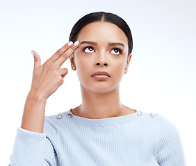 Image showing Woman, studio and finger gun to head or brain while frustrated, annoyed or depressed emoji. Face of a serious female model with hand gesture for suicide, shooting or killing on a white background