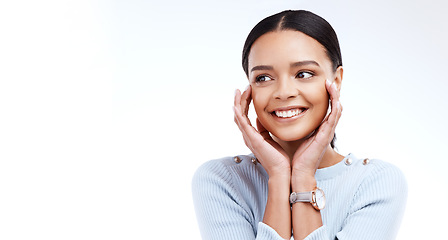 Image showing Smile, thinking and mockup with a woman in studio on a white background for marketing or advertising. Happy, idea and branding with an attractive young female on an empty promotion space