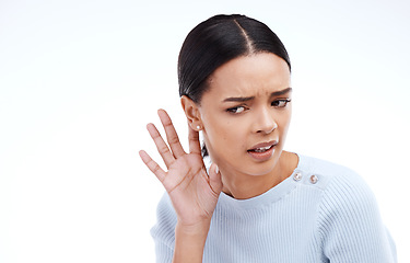 Image showing Listen, hear and woman with hand on ear on white background for news, information and gossip in studio. Listening mockup, sound and isolated girl with gesture for rumor, attention and communication