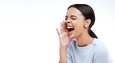 Image showing Woman, shouting and screaming on mockup for voice, anger or announcement against a white studio background. Angry female model yelling with open mouth on copy space for protest, message or opinion