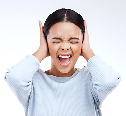 Image showing Shouting, woman and hands on ears for noise, silence or denial gesture on studio white background. Anxiety, face and annoyed girl in stress, ignoring and deaf or wtf, emoji and frustrated expression