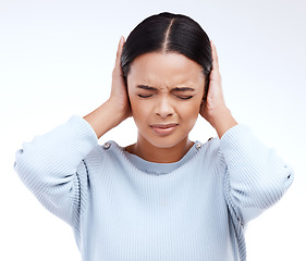 Image showing Stress, headache and hands of woman on head for anxiety, vertigo and brain fog on white background. Migraine, noise and female with sensitive ears, pain and hearing loss, damage or trauma in studio