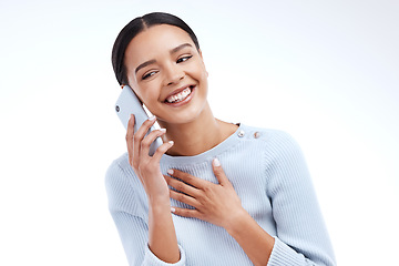 Image showing Phone call communication, face and happy woman talking, networking and speaking to cellphone contact. Smile, mobile chat discussion and studio female on smartphone conversation on white background