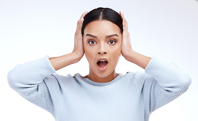 Image showing Wow, portrait and woman in studio mind blown, surprised and shocked on white background. Omg, face and girl with open mouth, gesture and expression after hearing good news of sale, discount or deal