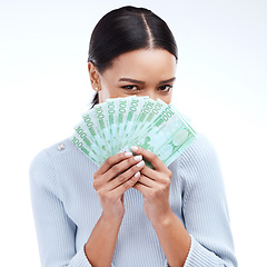 Image showing Studio money, face portrait or woman with lottery win, competition giveaway or euro cash award. Finance trading, bonus payment or hidden winner of poker, prize or casino gambling on white background