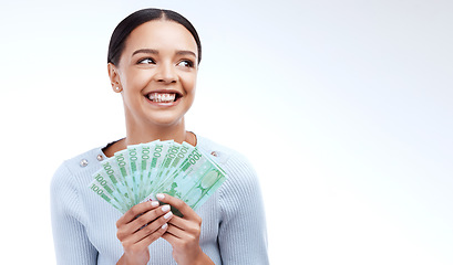 Image showing Studio money, face mockup and happy woman, marketing person and lottery win, competition giveaway or euro cash award. Advertising mock up, financial payment or casino prize winner on white background