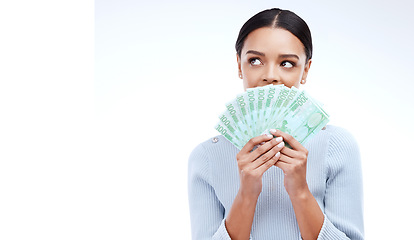 Image showing Studio money, thinking face and woman contemplating lottery, mockup competition giveaway or euro cash award. Advertising mock up, financial payment idea or casino prize winner on white background