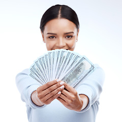 Image showing Dollar money, studio portrait or woman face with lottery win, competition giveaway or cash dollar award. Finance trading, salary or prize winner of poker, deal or casino gambling on white background