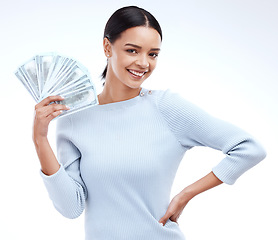 Image showing Studio cash money, portrait and happy woman with lottery win, competition giveaway or dollar bills award. Finance bonus, payment or prize winner of poker, bingo or casino gambling on white background