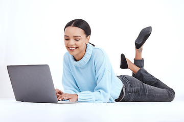 Image showing Studio, laptop or relax woman typing internet, web or website search for student research, digital study or project. Knowledge education, online report or learning female isolated on white background