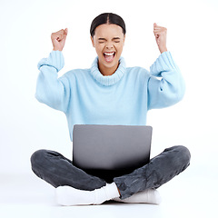 Image showing Fist pump celebration, laptop winner and happy woman celebrate victory news, winning achievement or profit success. Cheers, bonus salary announcement and excited studio person on white background