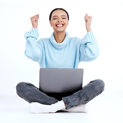 Image showing Celebration portrait, laptop winner and happy woman celebrate victory news, winning achievement or finish project. Student fist pump, success announcement or excited studio person on white background