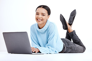 Image showing Studio, laptop or portrait woman typing internet, web or website search for student research, digital study or project. Knowledge education, online or learning female isolated on white background