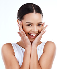 Image showing Woman, surprise and hands with studio portrait, excited face and happy for beauty, wellness and fashion. Student, girl and young model with wow facial expression by white background for happiness