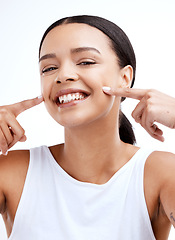 Image showing Happy, beautiful and portrait of a woman for beauty isolated on a white background in a studio. Smile, skincare and face of a young model looking confident about clear complexion and smooth skin