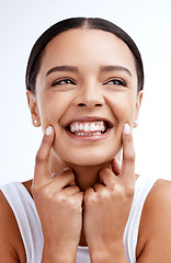 Image showing Dental, smile and mouth care for woman in studio for teeth whitening, hygiene and treatment on white background. Oral, cleaning and girl happy with invisible braces, veneers and tooth implants