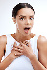 Image showing Surprise, shocked and portrait of woman in studio for news, announcement and notification. Wow, crazy and excited with female isolated on white background for achievement, mind blown and amazed