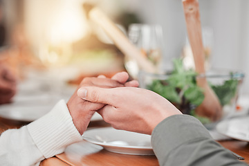 Image showing Family, dinner and party, hands together for prayer, gratitude for food and love, celebration and holiday. Worship, thank God and relationship, hungry people with meal and social event or gathering