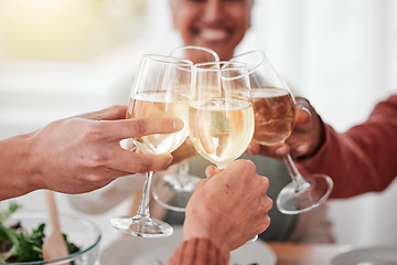 Image showing People, hands and cheers for happy dinner, fine dining or celebration for meal or friendship together. Hand of family or friends toasting by table for food, drink or bonding in celebration at home