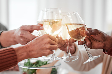 Image showing Hands, dinner and party with wine glass and cheers together with love and drinks with celebration and holiday. Toast, alcohol beverage and relationship, hungry people with meal and social event