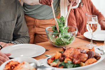 Image showing Lunch table, family and dishing food, eating dinner or celebrating together. Salad, hungry and people dining with gourmet dishes, enjoying homemade cooking and sharing cuisine during supper at home